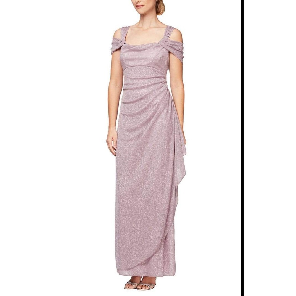 Alex Evenings Mauve Sparkle Ruched Off Shoulder Gown Formal‎ Evening Dress 16